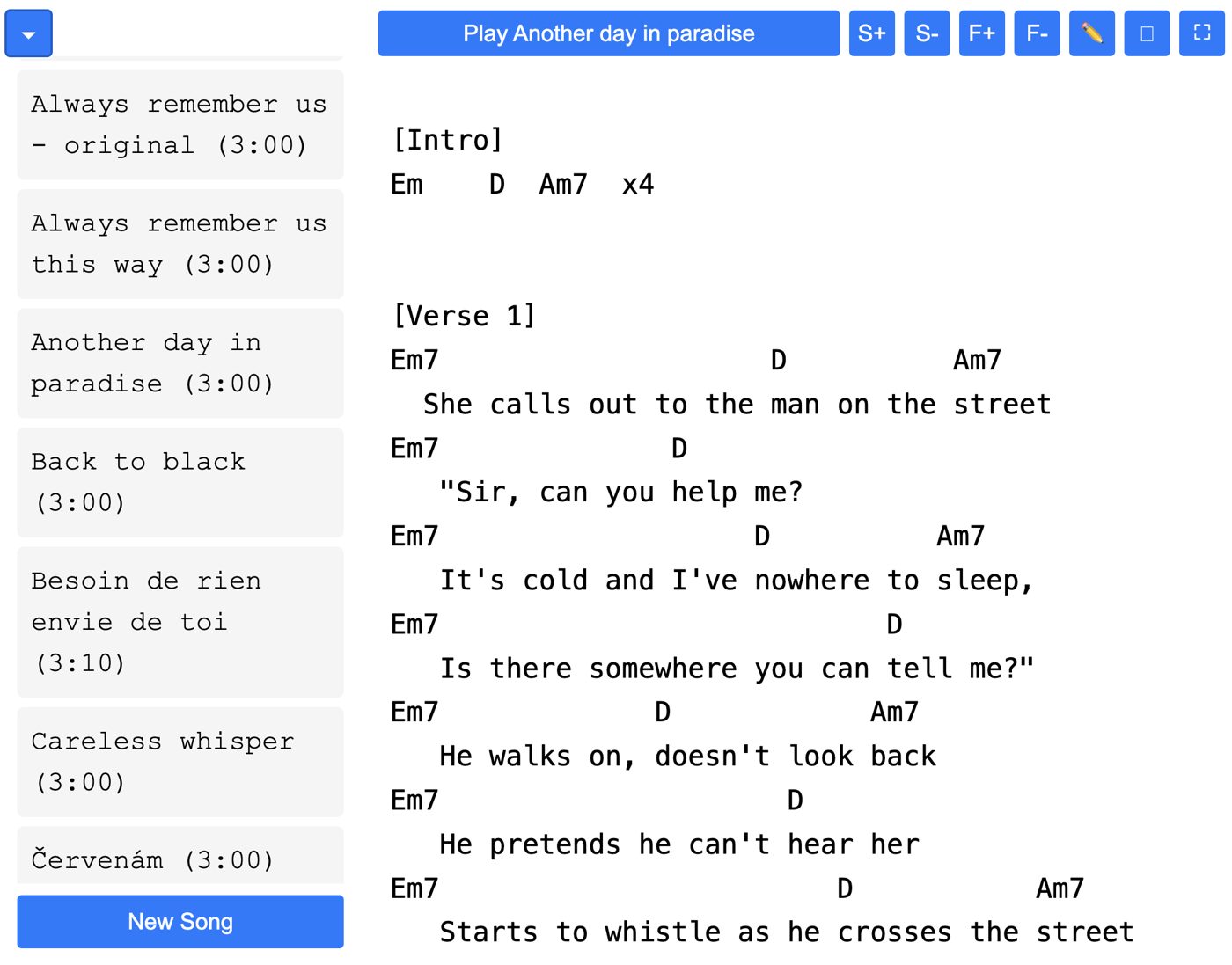 Songbook: a list of songs on the left, lyrics with chords on the right